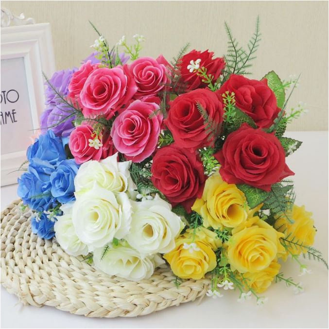 (NCS) 1 Ikat Bunga Mawar TANPA POT Bouqet Tanaman Hias Artificial Tangkai Dekorasi Ruangan Import 7 Warna Merah Kuning Biru Ungu Pink Fanta