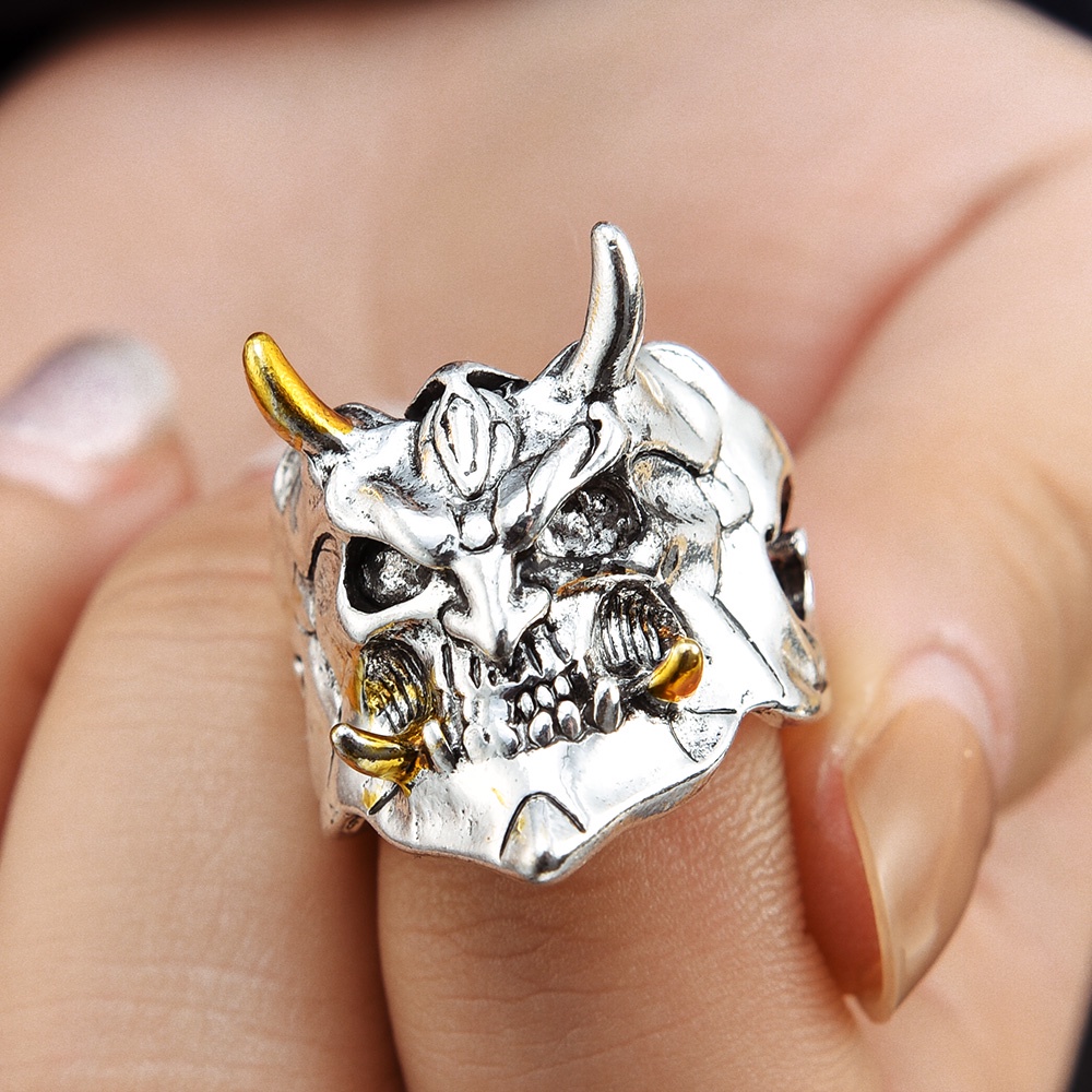 [Harga Grosir] European-american Style Alloy Mask with Adjustable Open Rings For Women And Men / Two-color Demon Finger Ring / Retro Geometric Skull Party Rings / Popular Jewelry