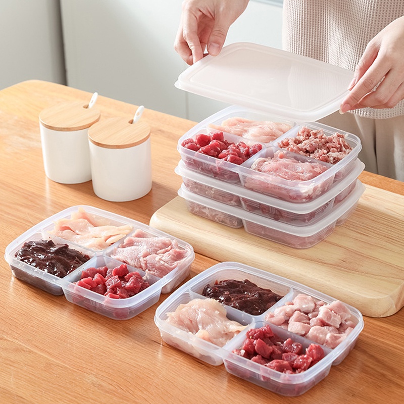 4kisi Makanan Buah Segar Food Container Kitchen Kotak Penyimpanan Sekat Daging Sayur Plastik Bening Dengan Tutup Kompartemen Portabel Kulkas Freezer Organizer Aksesoris Dapur