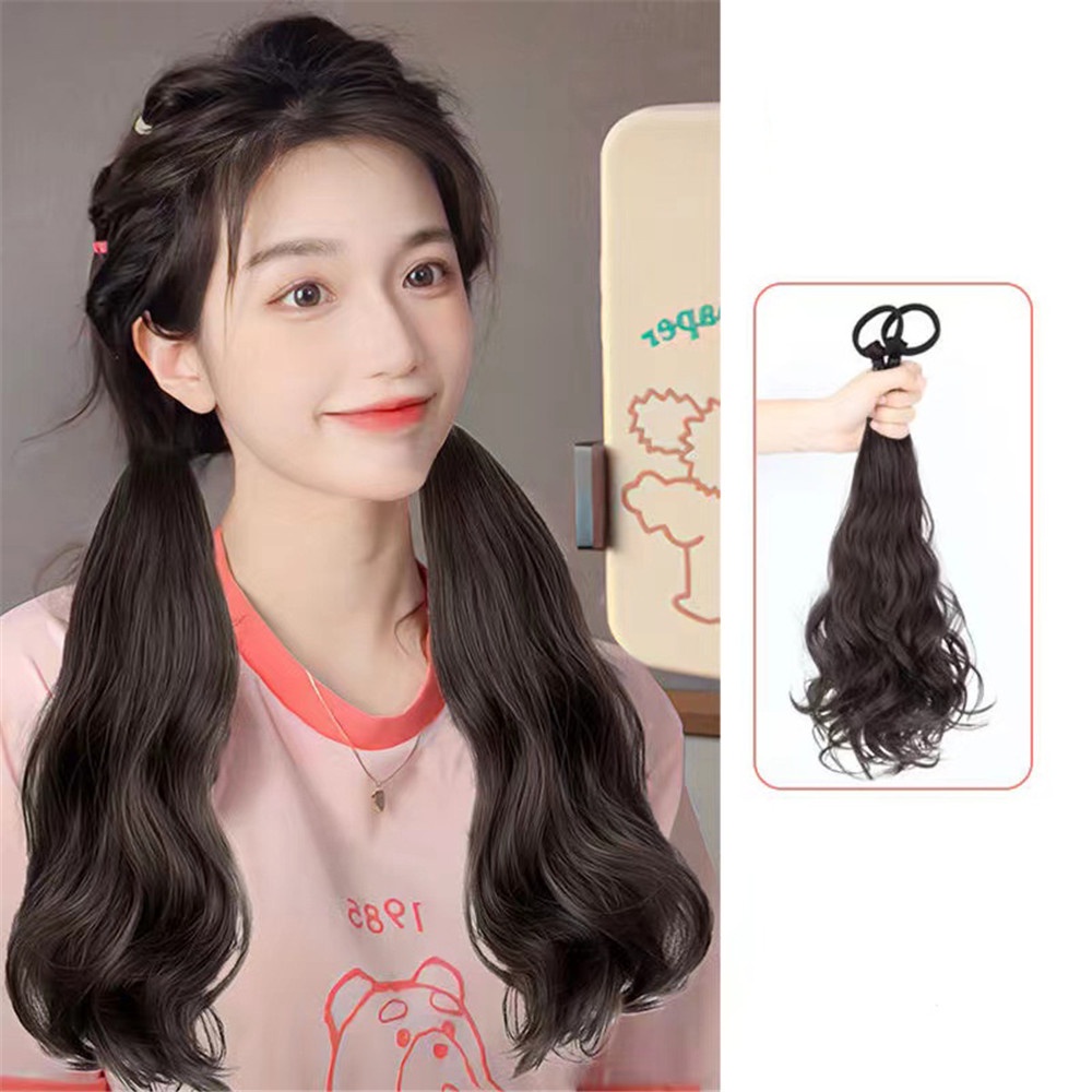 2pcs Korea Y2K Alami Ekor Kuda Keriting Panjang Wig Untuk Wanita Gadis Ekstensi Rambut Wig Aksesoris 45cm