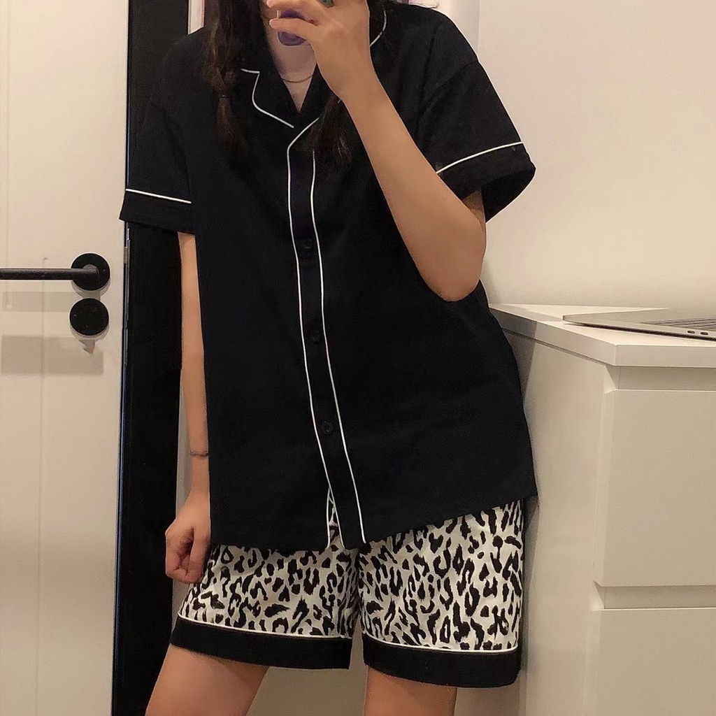 Korean Hitam Baru Cardigan+Leopard Shorts Pajama Set