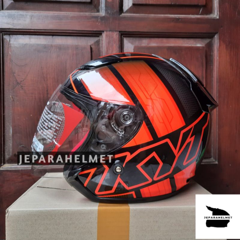 Helm KYT DJ maru Motif #14 Red Fluo Orange Original | Helm KYT DJ Maru Halfface Motif Original