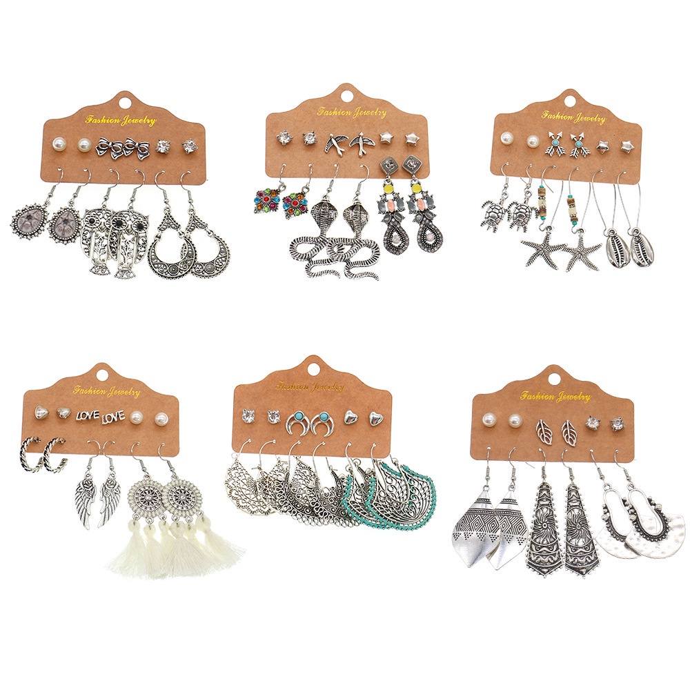 6pcs / Set Anting Kombinasi Bahan Alloy | Anting Bentuk Burung Hantu Dan Ular | Anting Bahan Stainless Steel | Aksesoris Wanita