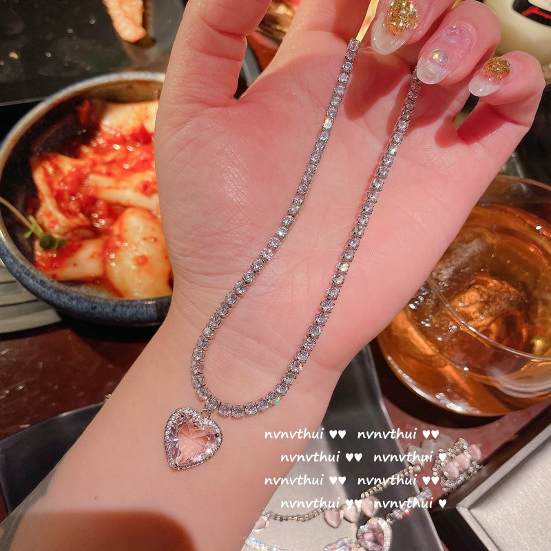 Shiny Pink Zircon Heart Pendant Necklace Choker for Women Silver Chain Jewelry Fashion Accessories