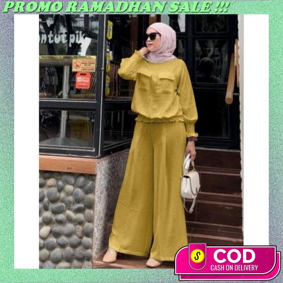 Vaura Set Baju Setelan Wanita Kekinian Fashion Muslim Setelan Katun Linen Rami One Set Wanita Korean