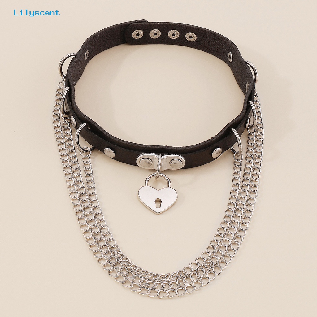 [LS] Kalung Choker Gaya Punk Gothic Hip Hop Cinta Hati Liontin Berlebihan Dekorasi Kulit Imitasi Wanita Rantai Logam Rumbai Liontin Kalung Fashion Perhiasan Untuk Pesta