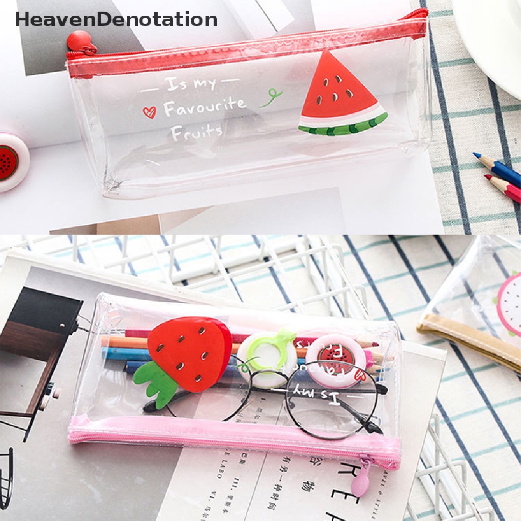 [HeavenDenotation] Kawaii Tempat Pensil Buah Transparan PVC Pencil Case Waterproof Penyimpanan Alat Tulis Organizer Bag Sekolah Kantor Supply HDV