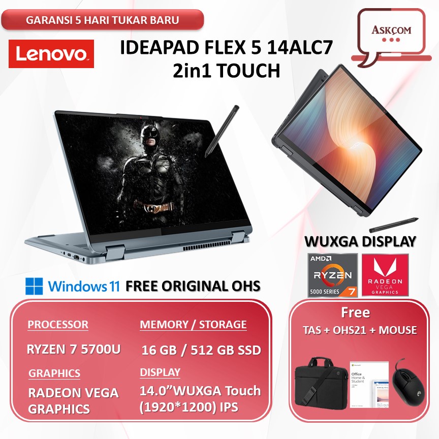 Laptop Lenovo Flex 5 14 Touch RYZEN 7 5700 RAM 16GB 512GB SSD VEGA8 OHS 14.0WUXGA IPS W11
