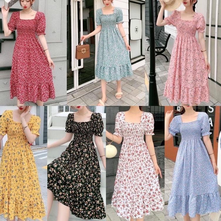 READY Ziva 지바 Floral Dress Korean Look Pastel Bunga Imlek Korea Look Flower Puffy Pantai Stretch Mel