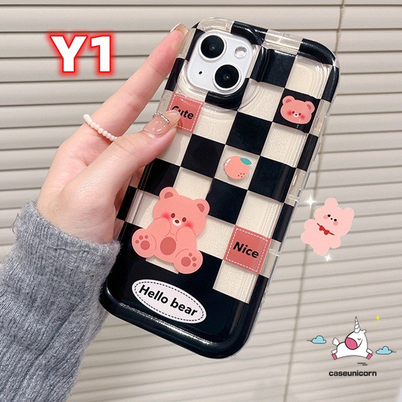 Vivo Y16 Y02s Y36 Y15s Y20 Y22 Y11 Y21 Y02 Y12 Y17 Y15 V25E Y35 Y22s Y33s Y15A Y91 Y12i Y20s G Y30 Y20i Y21s Y12s V25 Y95 Y91C Y50 Checkerboard Beruang Lucu Rabbit Soft Airbag Case