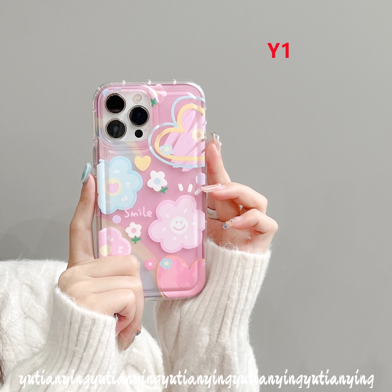 IPHONE Ins Korea Awan Cinta Hati Penutup Belakang Kompatibel Untuk Iphone11 7 8 6 6S Plus XR 14 13 12 Pro MAX X XS MAX Senyum Lucu Segar Cat Air Bunga Lembut TPU Shockproof Airbag Case