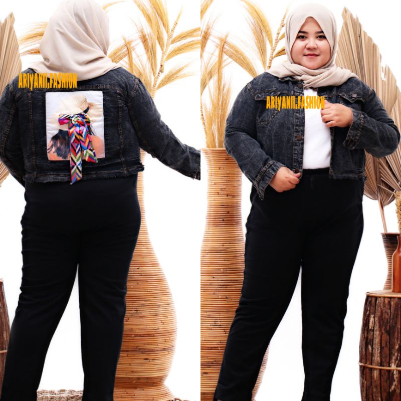 ARN - JAKET WANITA JEANS CROP JUMBO PITA JACKET DENIM OVERSIZE LD 120cm MURAH KEKINIAN JINS SOBEK RAWIS CEWEK KOREAN ORIGINAL SNOW MUAT BB 60 - 85 KG MODEL GAMBAR BELAKANG Emblem 3D