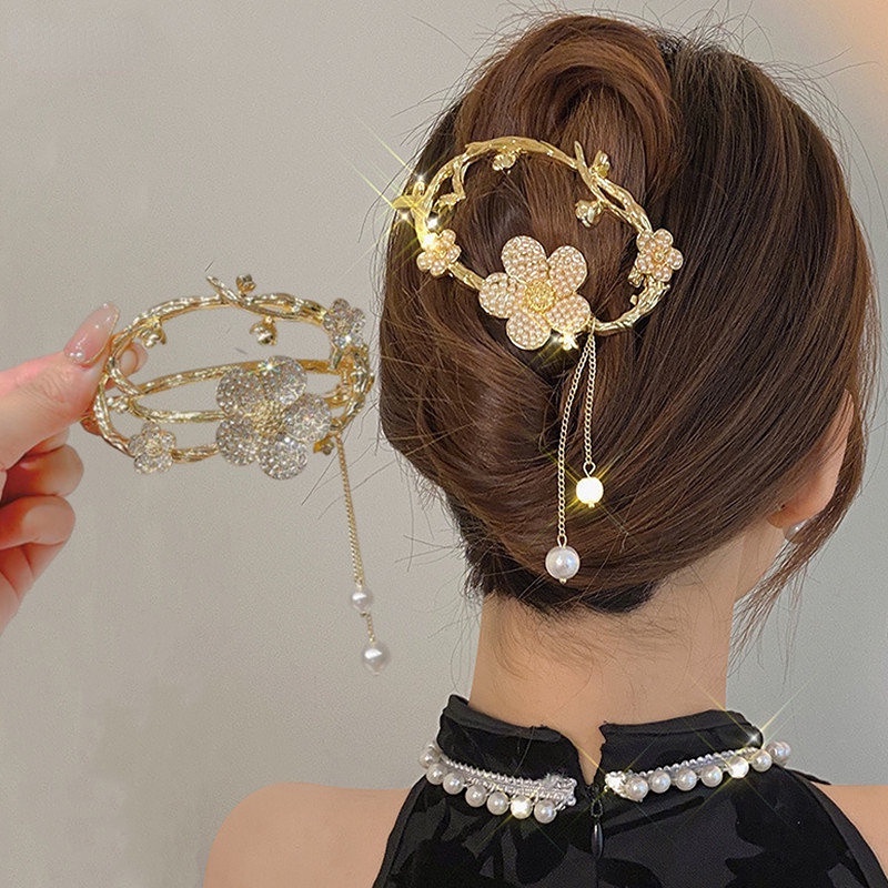 Elegan Fashion Wanita Kembali Kepala Sendok Lilitan Rambut Jepit Rambut Vintage Bunga Mutiara Rumbai Liontin Jepit Rambut Ponytail Holder Aksesoris Rambut Gaya Cina Berlian Imitasi Logam Twist Klip