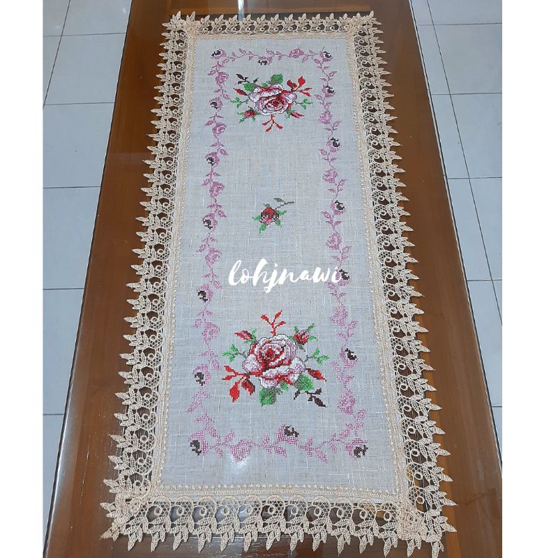 Taplak Meja Tamu Sulam Strimin Renda 40x90 cm Table Runner Vintage Table Cloth Cross Stitch