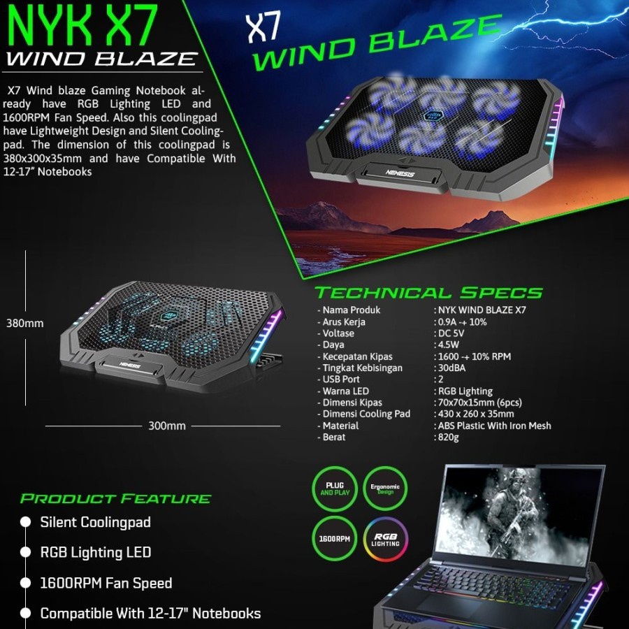 NYK X7 Windblaze Gaming Cooling Pad Laptop Fan