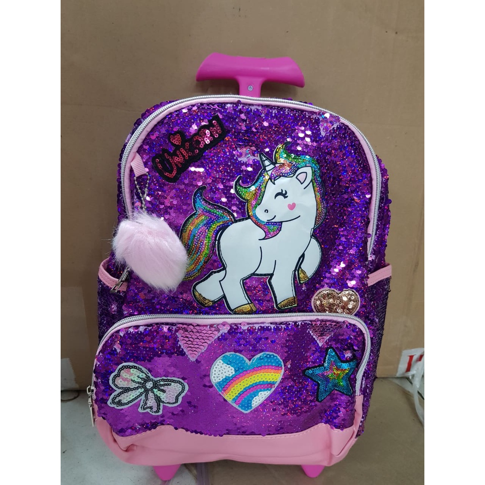 Tas Sekolah Troli Anak TK dan SD Motif Sequin Unicorn Tas Trolley Dorong Anak Sekolah Tas Koper Anak Perempuan Import