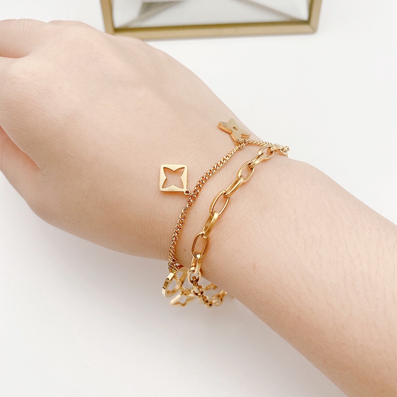 2022 Gelang Tangan Rantai Motif Geometri Clover Hollow Untuk Wanita | Kalung Rantai Rose Gold 18kt Bahan Titanium Steel Untuk Wanita