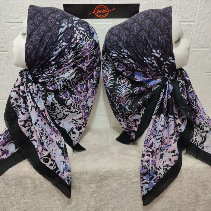 JM HIJAB SEGI EMPAT VOAL MOTIF MERAK HITAM KERUDUNG JILBAB MURAH