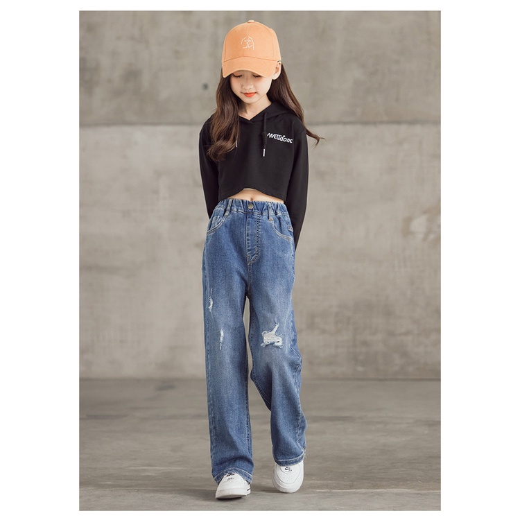 JNS2-Celana Jeans Panjang Anak Perempuan Wide Leg Straight Cut Ripped