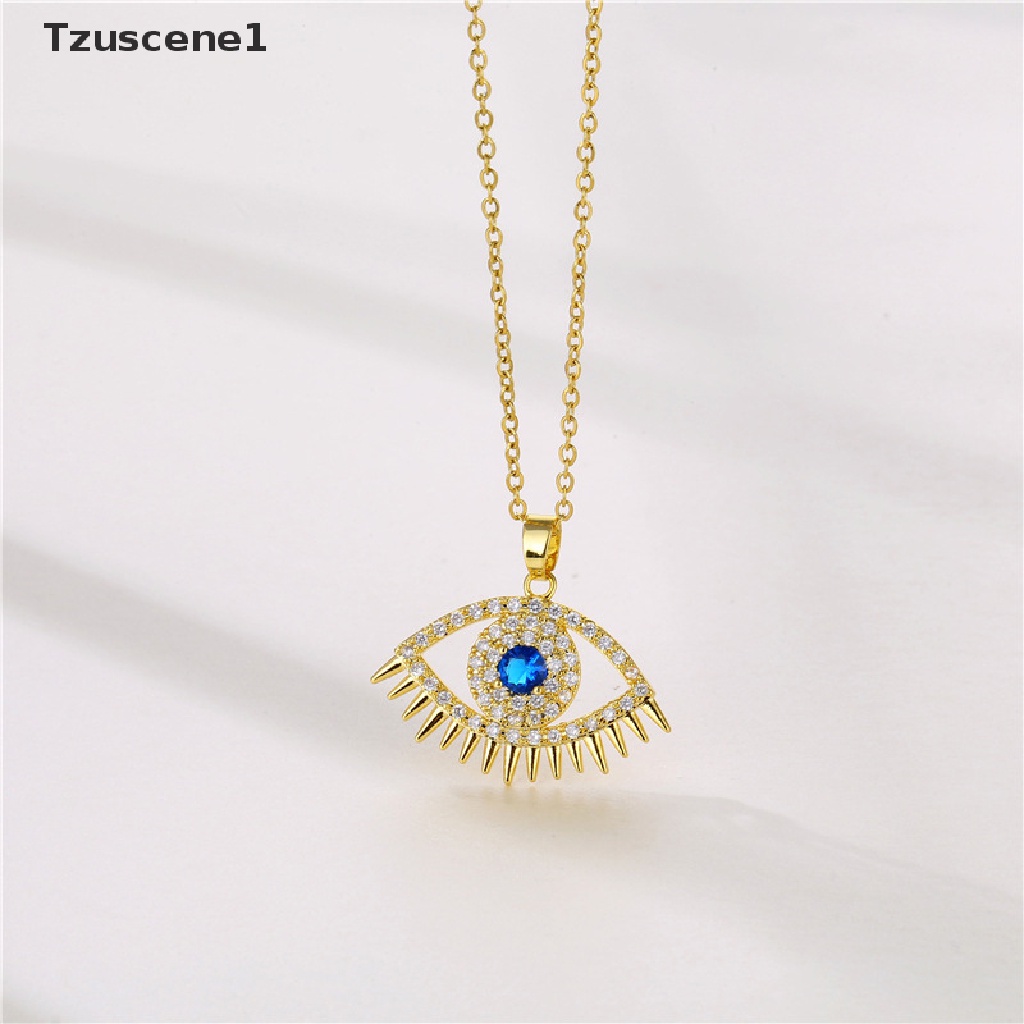 [Tzuscene1] Evil Eye Charm Pendant Lapis Emas Asli 18K Cubic Zirconia Perhiasan Kalung Butik