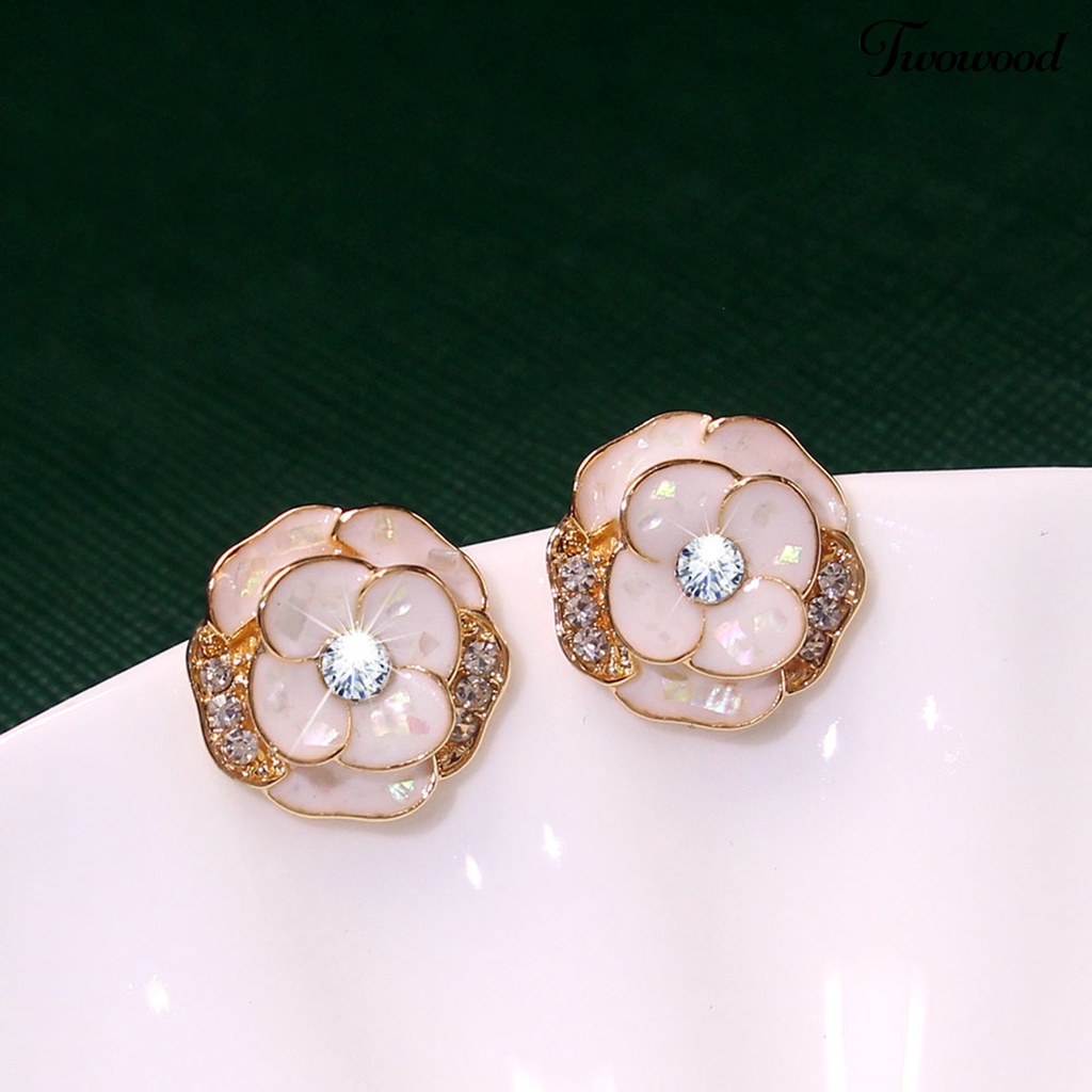 Twowood 1pasang Ear Studs Elegan Dainty Temperamen Berkilau Berlian Imitasi Enamel Bunga Wanita Anting Fashion Perhiasan