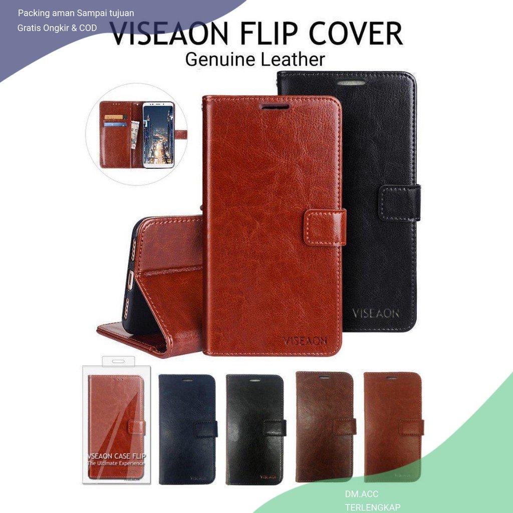 [ Oppo F1S / F1+ / F7 / F9 / F11 Pro ] Viseaon Genuine Leather Case Flip Stand Cover Casing Dompet Kulit