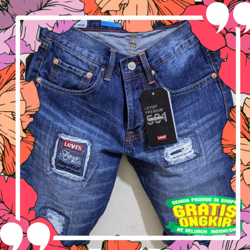 celana pendek jeans 501 pria motif sobek bordil terbaru / dark bio