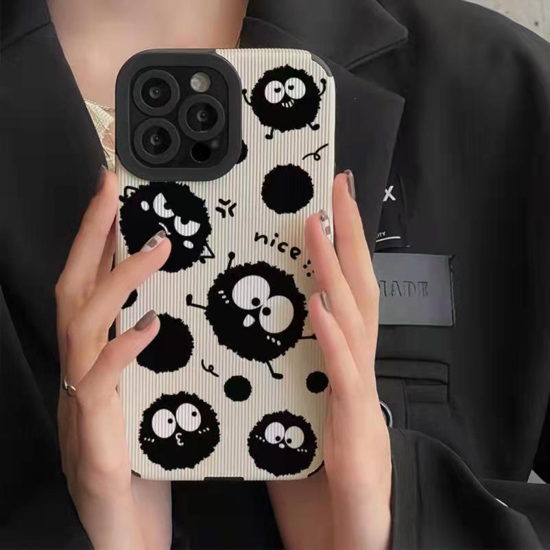 Leather Soft Case for iPhone 7 Plus 8 Plus X XS XR XS Max 11 13 12 14 PRO Max 14 Plus Cute Black coal ball Ins girl