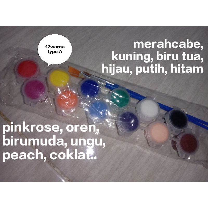 Cat Acrylic Pot @3ml 12 Warna 2 Kuas 1 Palet / Set Kuas Lukis Flat and Round