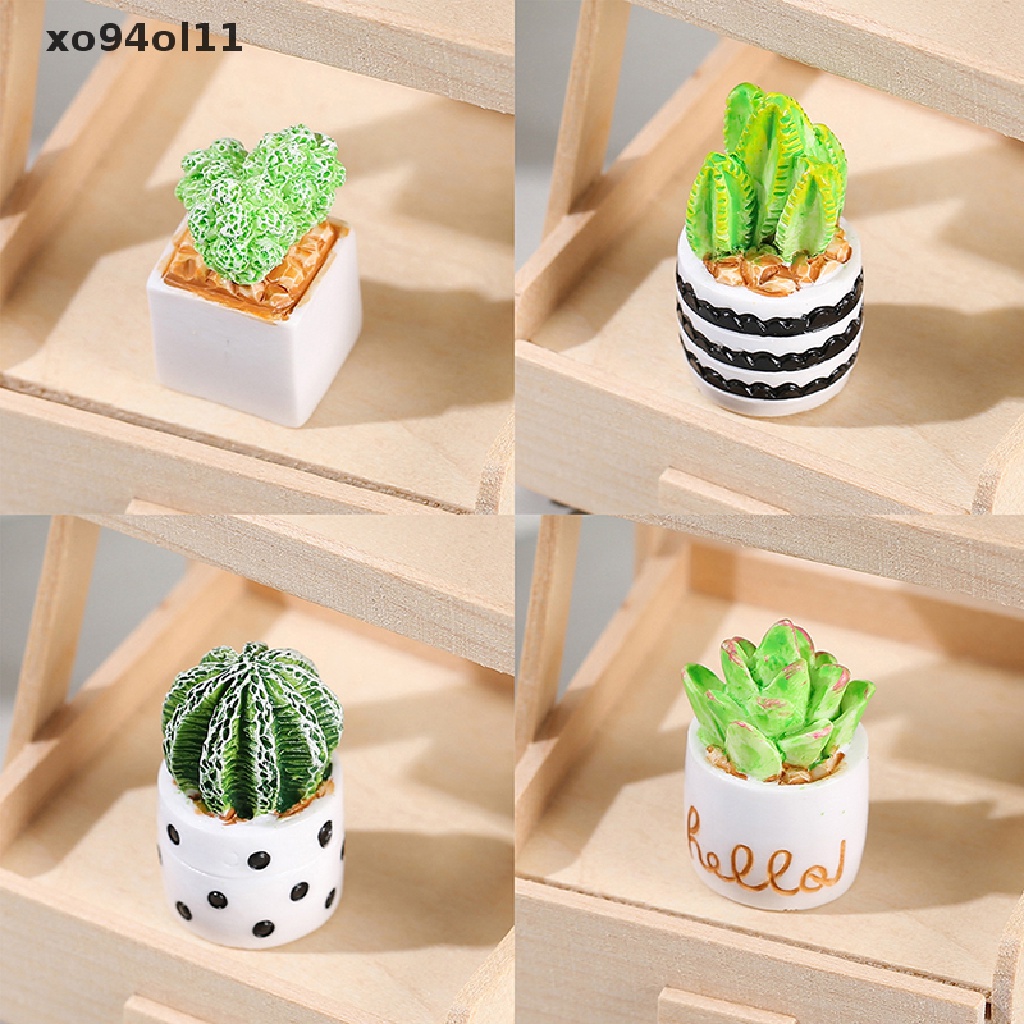 Xo 1/4Pcs 1: 12rumah Boneka Miniatur Tanaman Pot Sukulen Pot Cactu Model Lanskap Mikro Dekorasi Taman Rumah Mainan Aksesoris Rumah Boneka OL