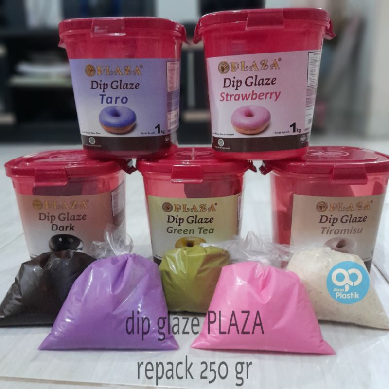 

glaze plaza/dunia economis dark,green tea, strawberry, taro, tiramishu kemasan repack 250 gr