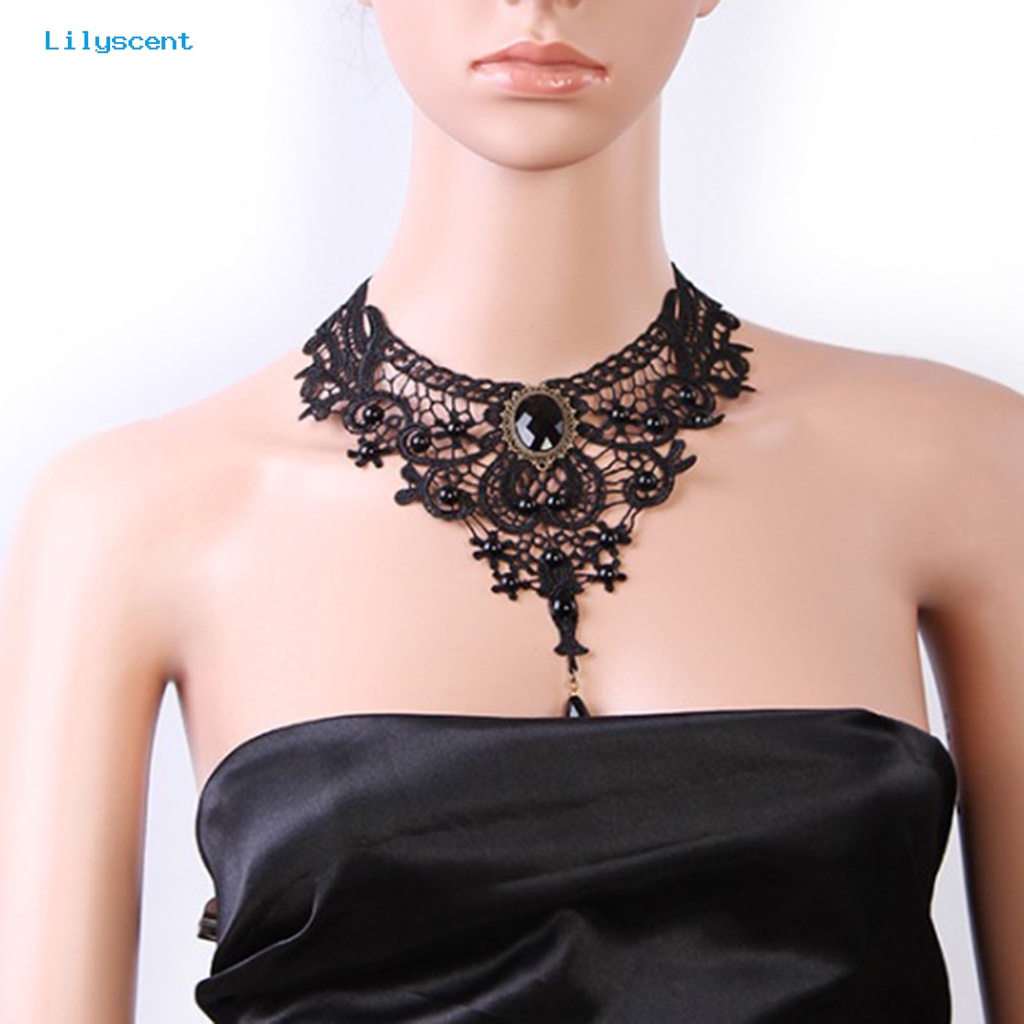 [LS] Kalung Wanita Manik-Manik Renda Hitam Hollow Out Adjustable Choker Necklace Untuk Pesta