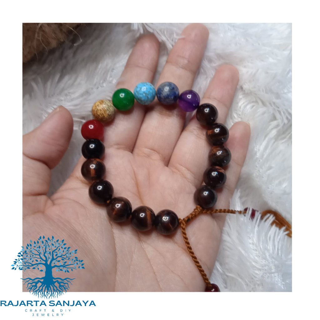 Gelang Batu Original Handmade Batu Red Tiger Eye Kombinasi 7 Chakra