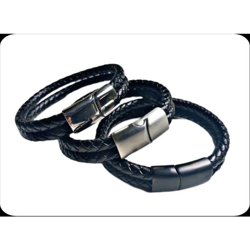 GELANG TALI KULIT 2 LAYER PENGAIT MAGNET TITANIUM