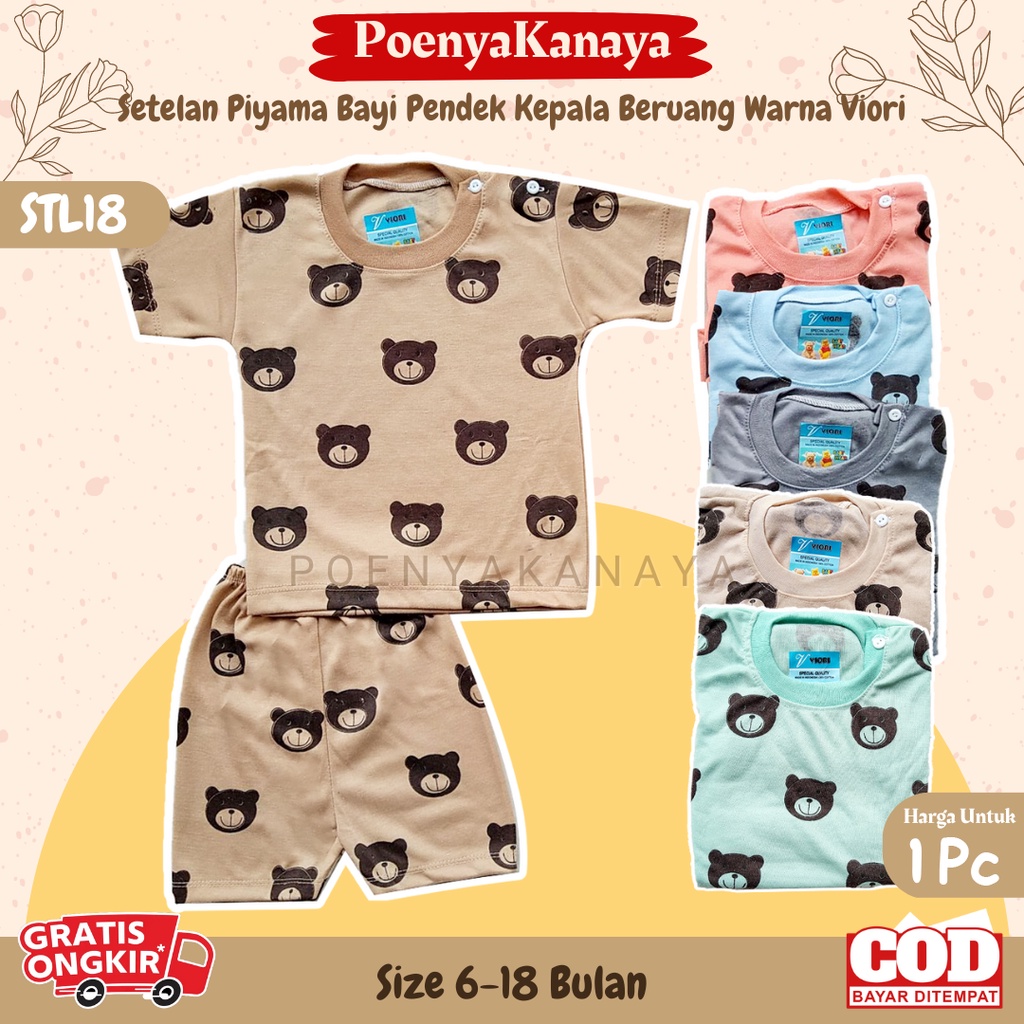 Setelan Baju Bayi Piyama PENDEK KEPALA BERUANG WARNA Viori Size 6-18 Bulan STL18