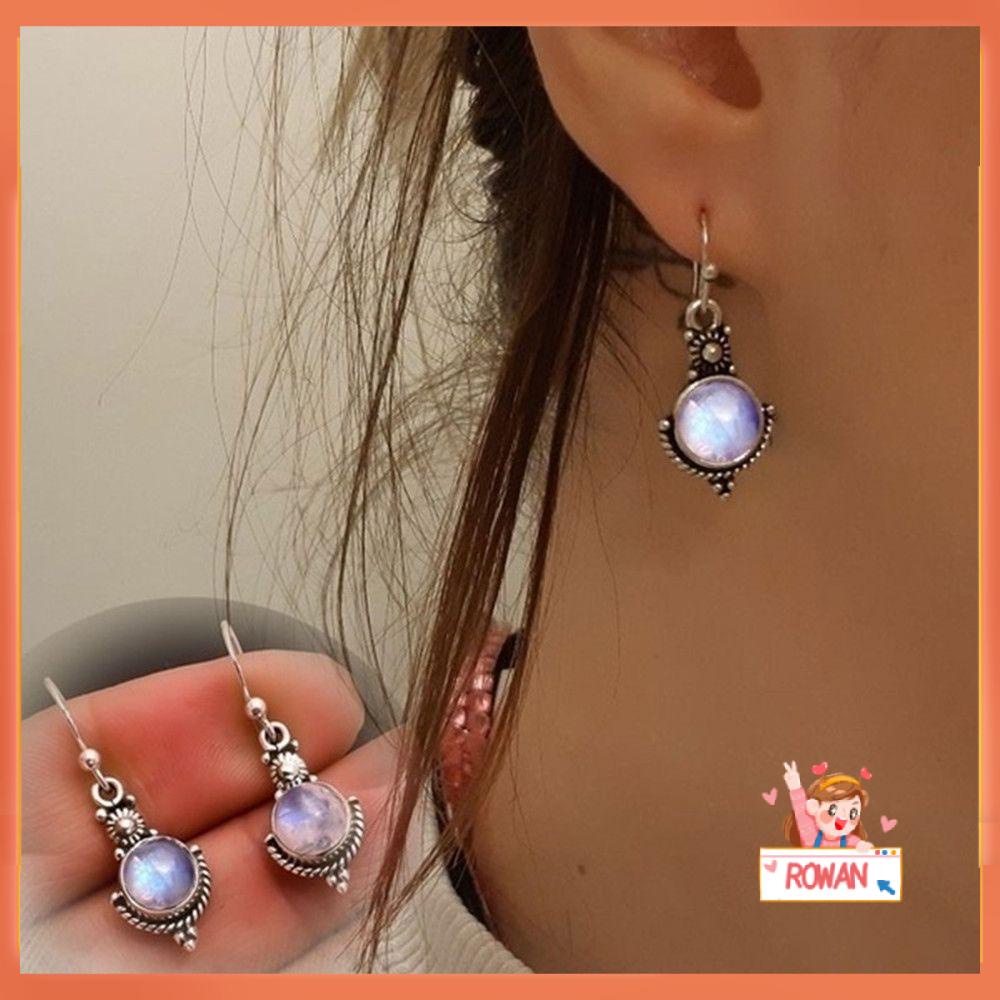 R-bunga Menjuntai Anting Perhiasan Pengantin Retro Vintage Rainbow Moonstone