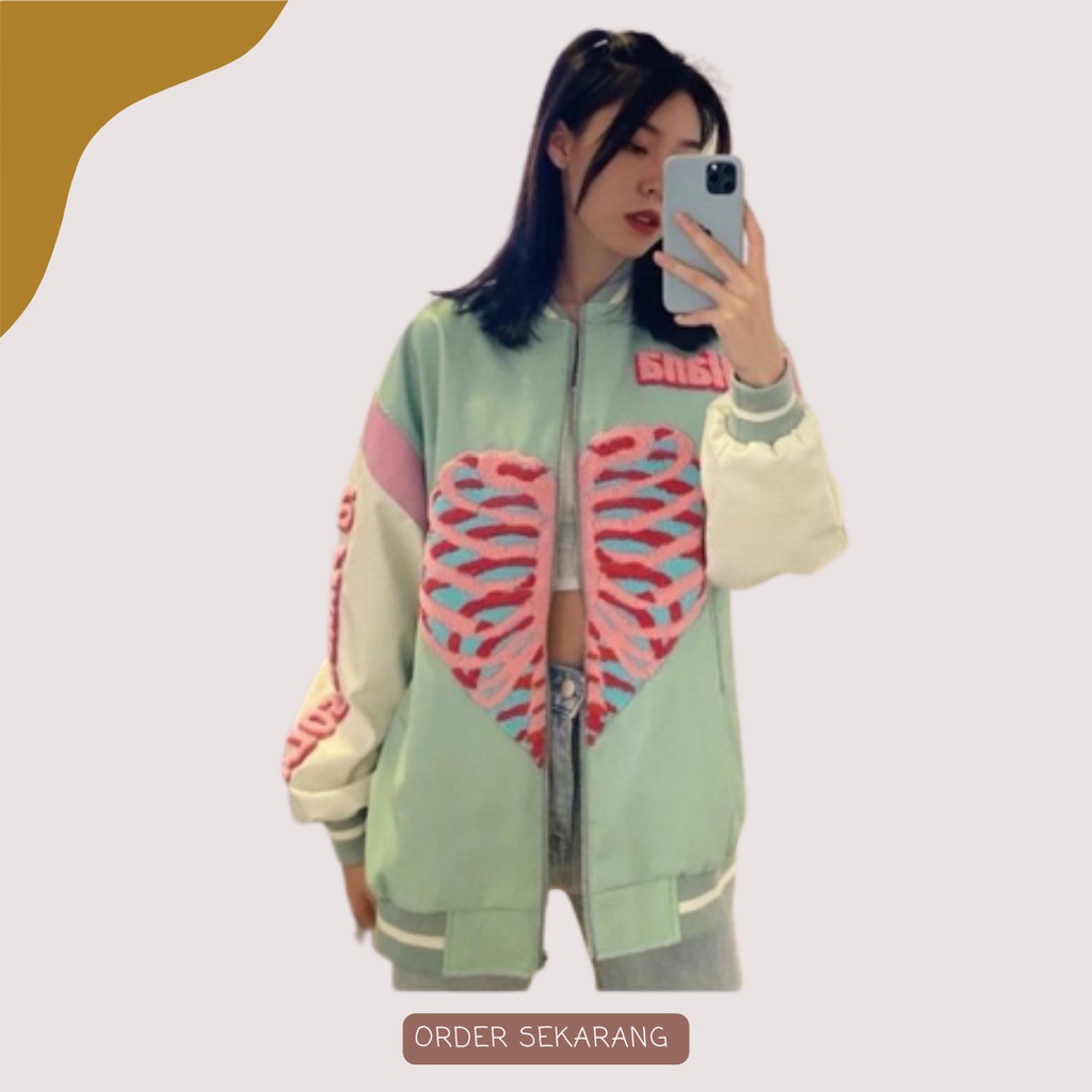 HEART VARSITY JAKET BISBOL WARNA MINT / KOREAN JACKET FASHION