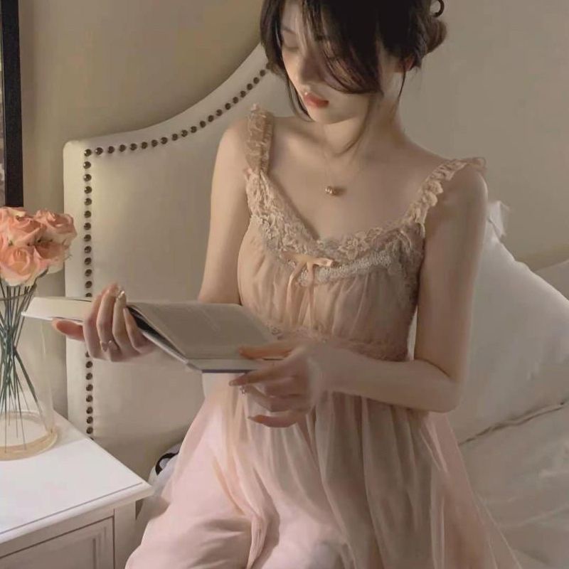 Baju tidur halter renda renda jala romantis merah muda gaun tidur wanita musim panas bagian tipis pe