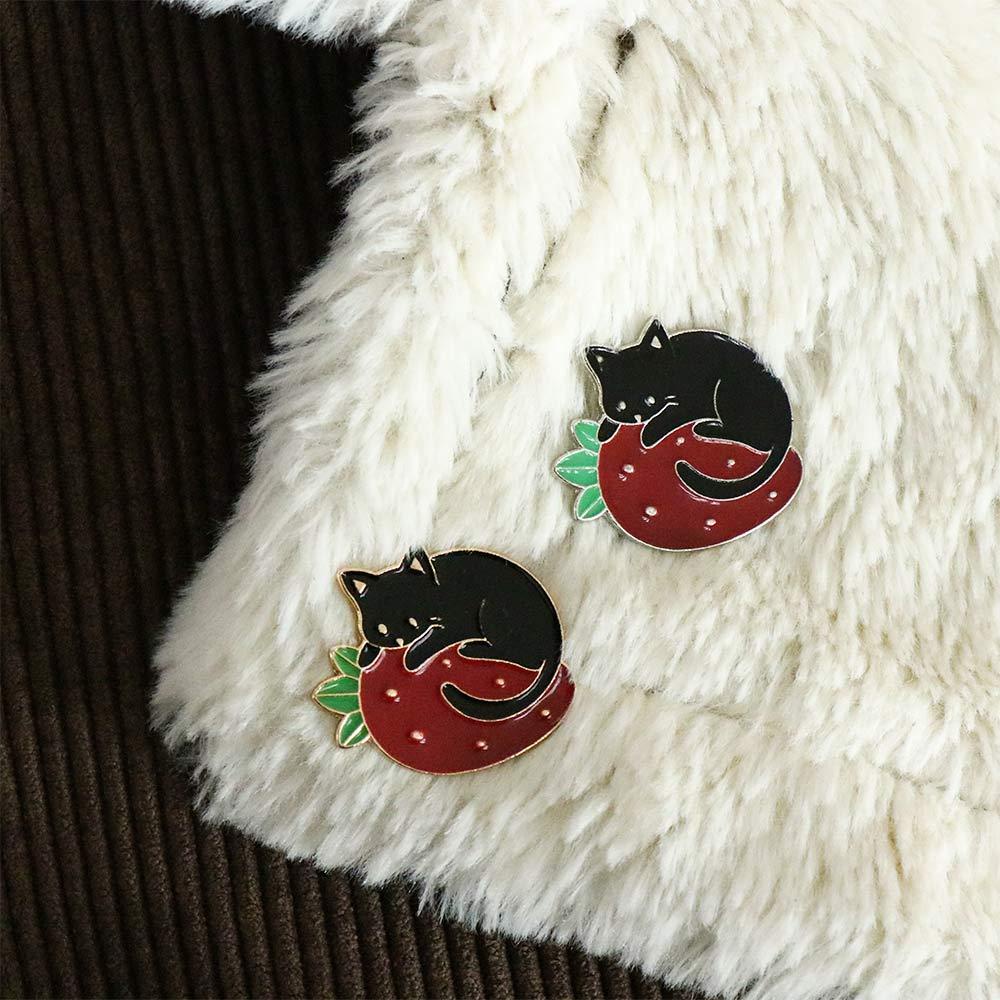 [Elegan] Bros Kucing Lucu Kartun Aksesoris Perhiasan Strawberry Hitam Kucing Lencana Pin Enamel Pin
