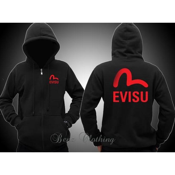 Jaket Hoodie Sweater EVISU Outerwear Pria Wanita Zipper Resleting Depan Polos Sablon Polyflek Korea