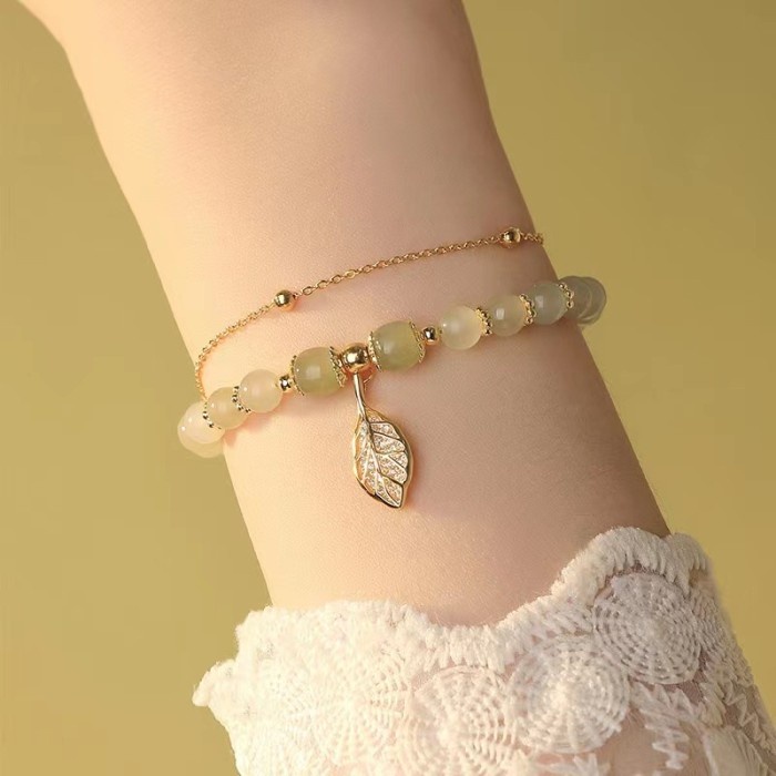 Terlaris Gelang Tangan Batu Giok Hetian Alami Aksen Daun Emas Untuk Wanita