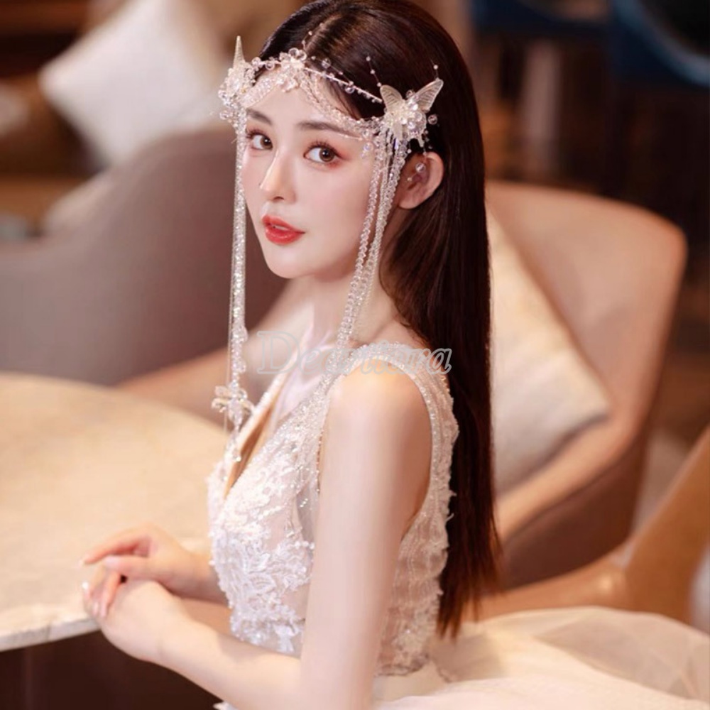 Bridal Wedding Dress Hiasan Kepala Buatan Tangan Manik-Manik Gaun Pernikahan Hairband Kristal Panjang Rumbai Kupu-Kupu Dahi Rantai