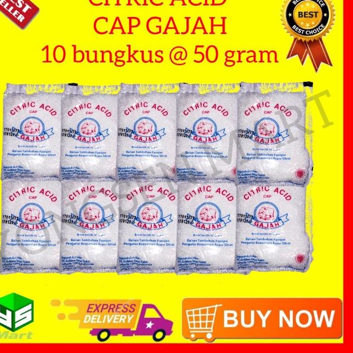 

POPULER Citric acid cap gajah 10 bungkus @ 50gr asam citrun , pemutih pembersih pakaian GGD..