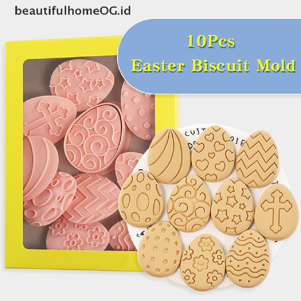 // Beautifulhomeog.id// 10Pcs Telur Paskah Biskuit Cetakan Cookie Cutters Stamp Press Fondant Sugar craft Baking Tool Decor Party **