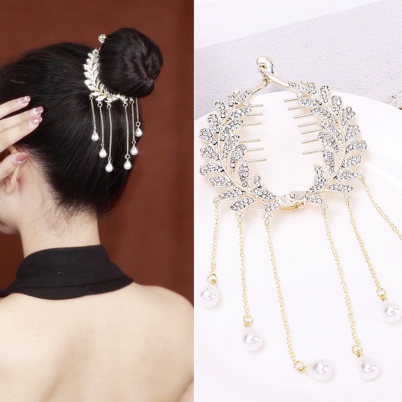 Ins Gaya Berlian Imitasi Rumbai Rambut Cakar Sanggul Hair Clip Hiasan Rambut Pengantin Wanita Elegan Ponytail Holder Hairpin Shiny Ponytail Hair Claw Gadis Fashion Mutiara Berlian Imitasi Jepit