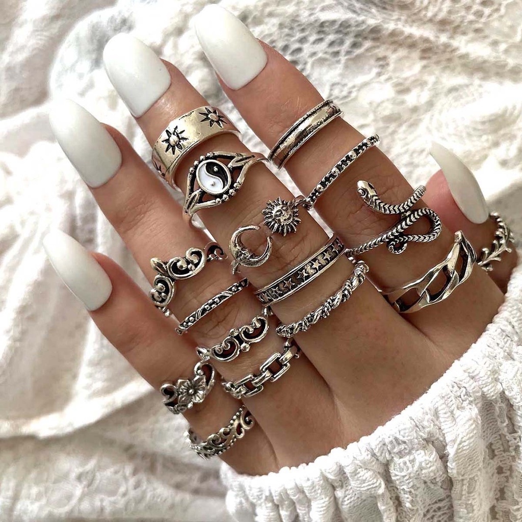 16pcs/set Retro Matahari Bulan Bunga Cincin Set Untuk Wanita Taichi Yinyang The Eight Diagrams Snake Ring Party Jewelry