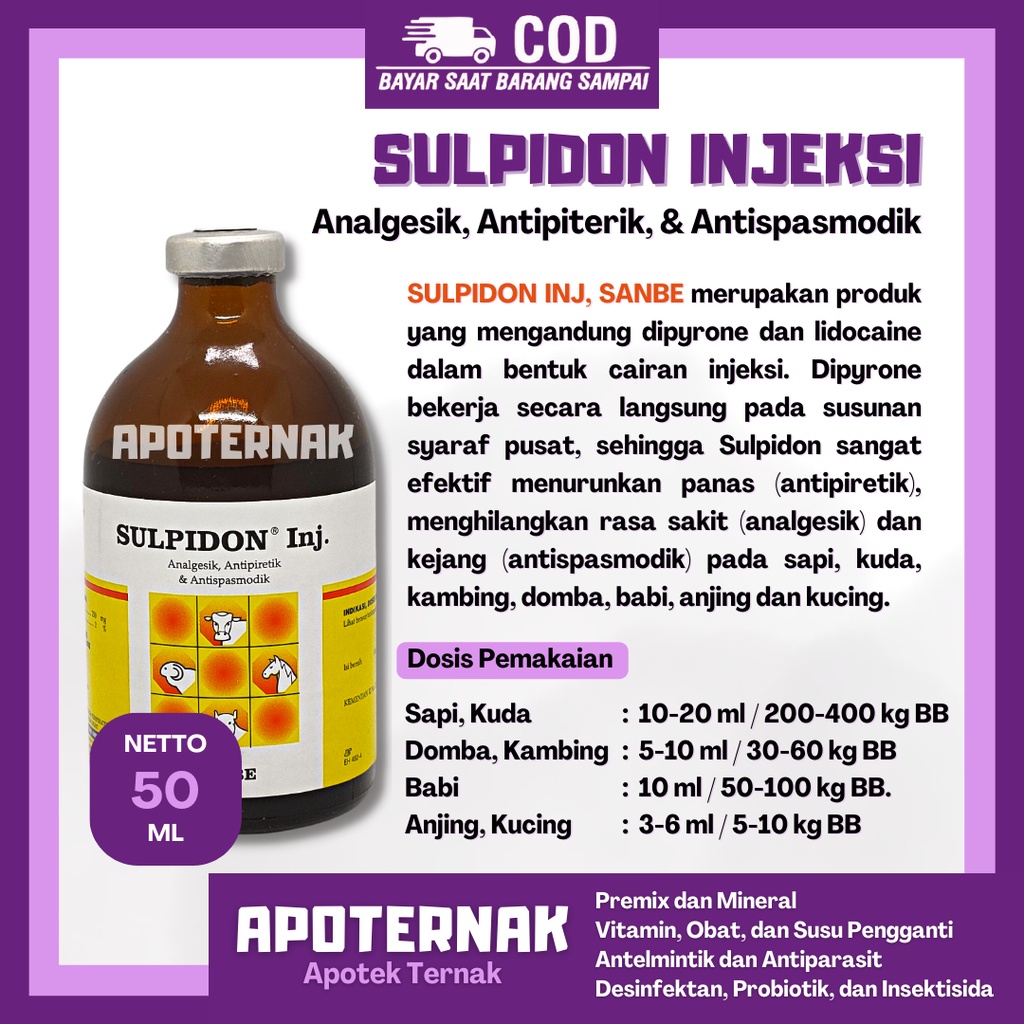 SULPIDON Injeksi | Obat Nyeri Analgesik Demam Antipiretik &amp; Kejang Antispasmodik Sapi Kambing Kuda Kucing dll | 50 ml &amp; 100 ml | SANBE | Apoternak