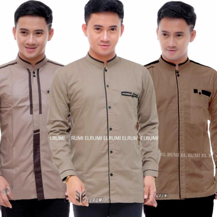 Harga Termuraah Baju Koko Muslim Pria Dewasa Lengan Panjang Motif Polos Kombinasi Warna Coklat Mocca