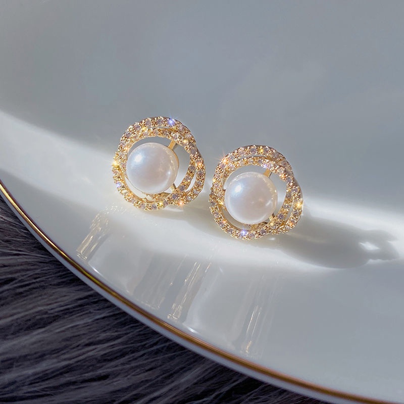 Anting Tusuk Emas Mewah Untuk Wanita Mutiara Kristal Spiral Earring Fashion Aksesoris Perhiasan