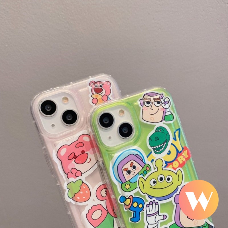 Kartun Lucu Buzz Lightyear Shockproof Airbag Case Kompatibel Untuk iPhone 7Plus XR 11 14 13 12 Pro MAX X XS MAX 6 6S 8P Plus SE 2020 Imut Strawberry Bear Toy Story Lembut TPU Cover